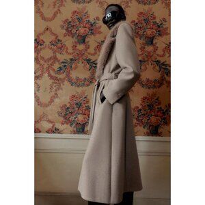 ZARA WOOL COAT WITH FAUX FUR LAPEL AND BELT